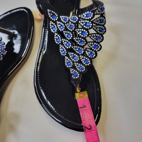 WOMENS Size 9 Blue Silver Black Sandals Peacock Motif Slippers Flats Shoes - NEW - Picture 8 of 13